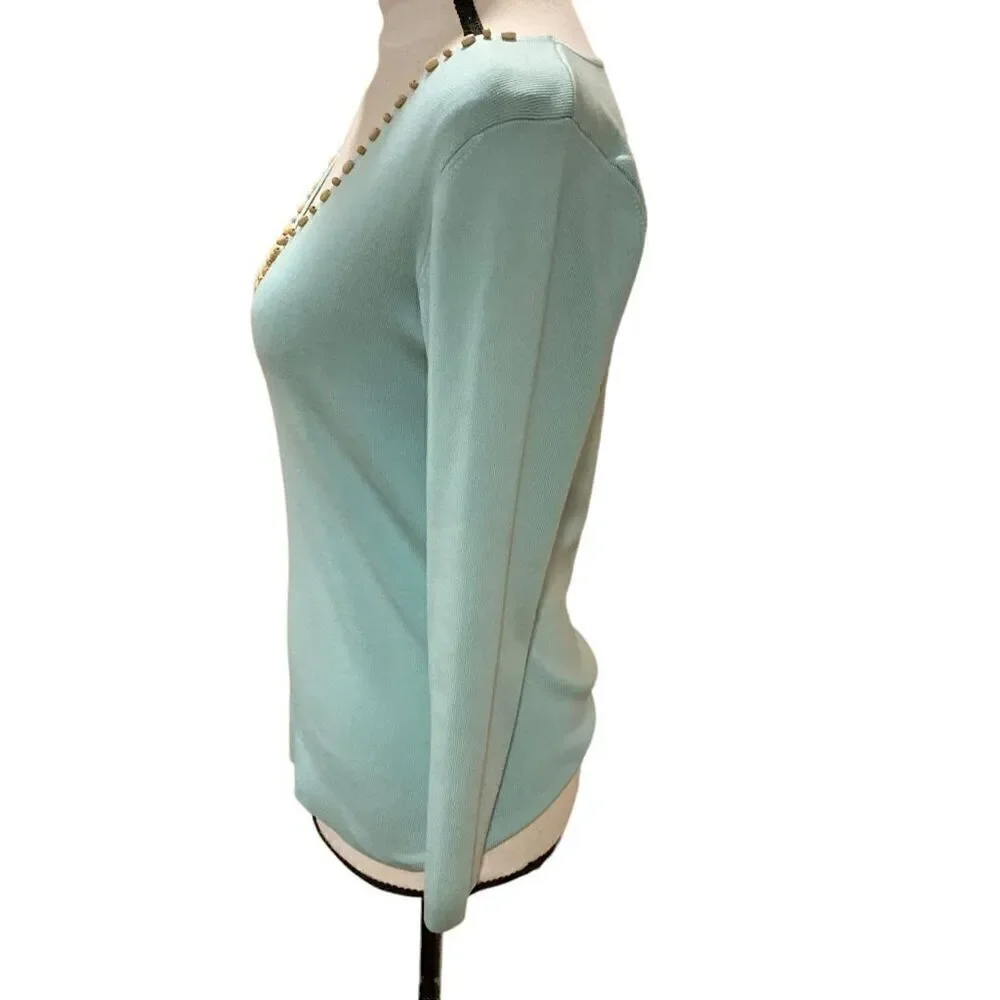 Tahari Arthur Levine Top Silk Blend Embellished V-Neck 3/4‎ Slv Pastel Green Sm.